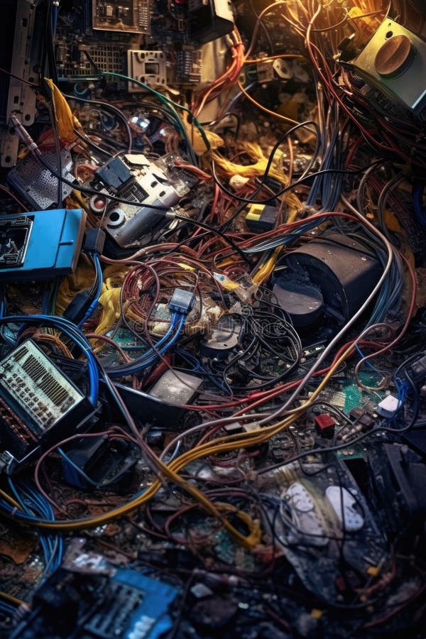Close-up of discarded electronic devices and cables stock illustration