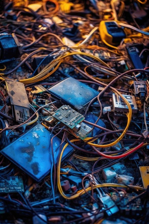 Close-up of discarded electronic devices and cables stock illustration