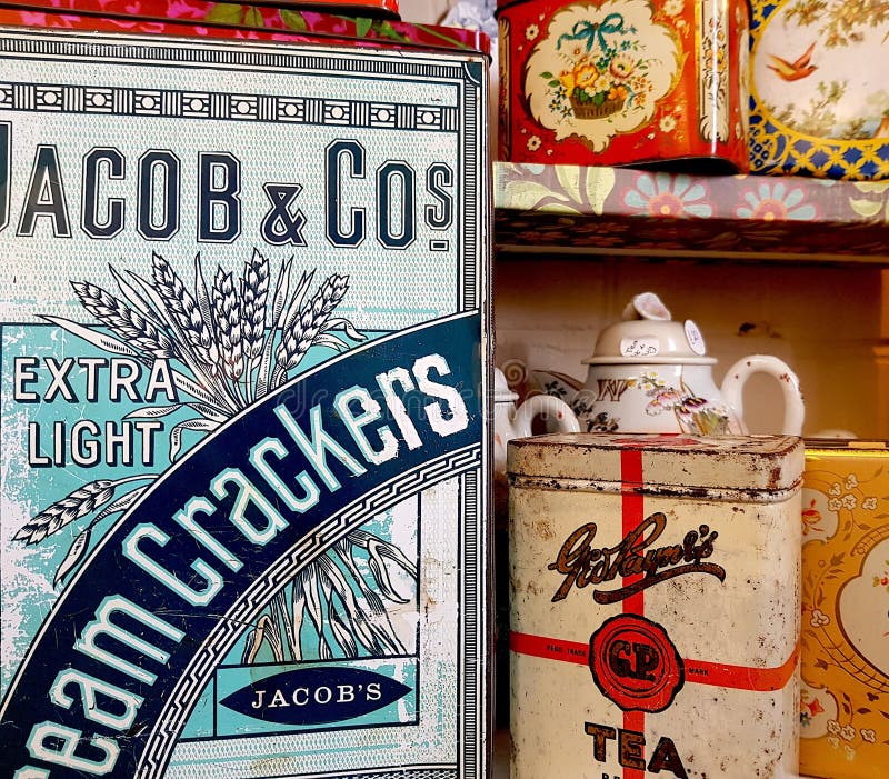 Close up of antique food and drink tins. vector illustration