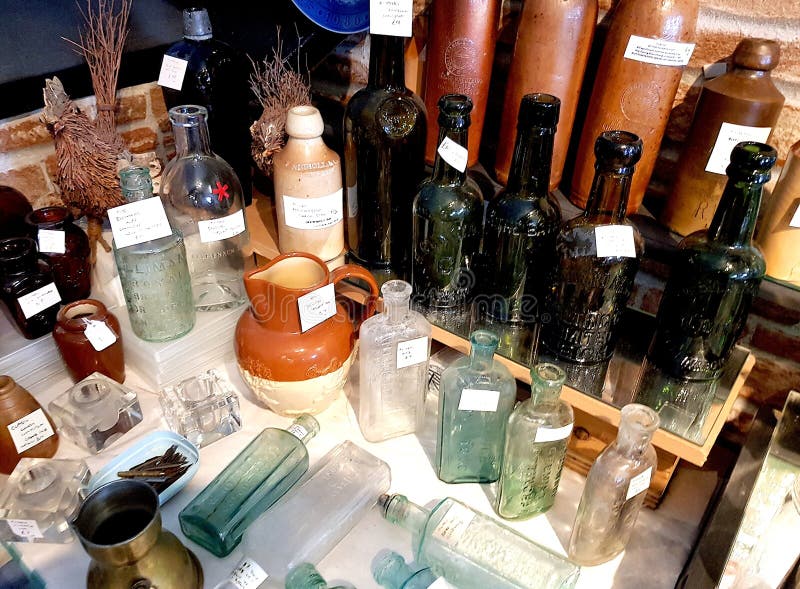 Close up of antique glass bottles. vector illustration