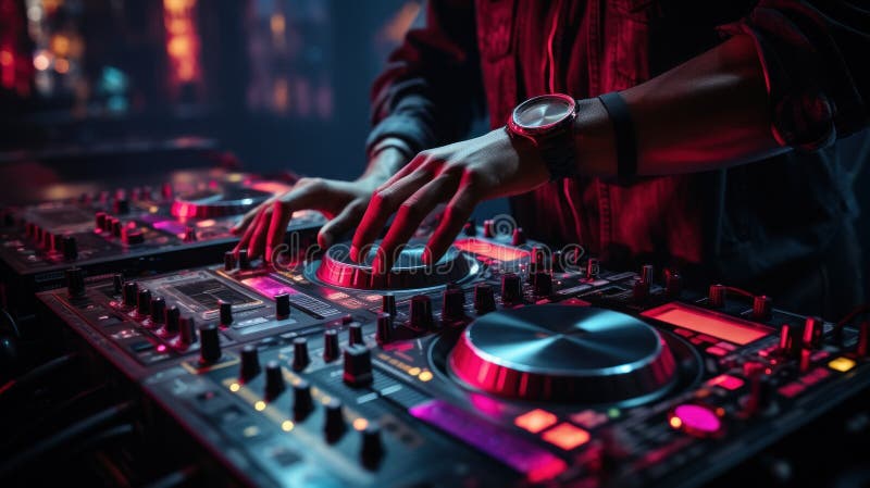 Close up of DJ hands adjusting controls on a mixing deck at a party. Generative AI stock illustration