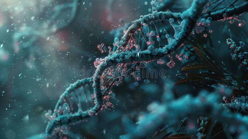 A close up of a DNA strand with a blue background. The strand is covered in snow and has a pinkish hue. Gene sequence stock images, royalty-free photos and pictures