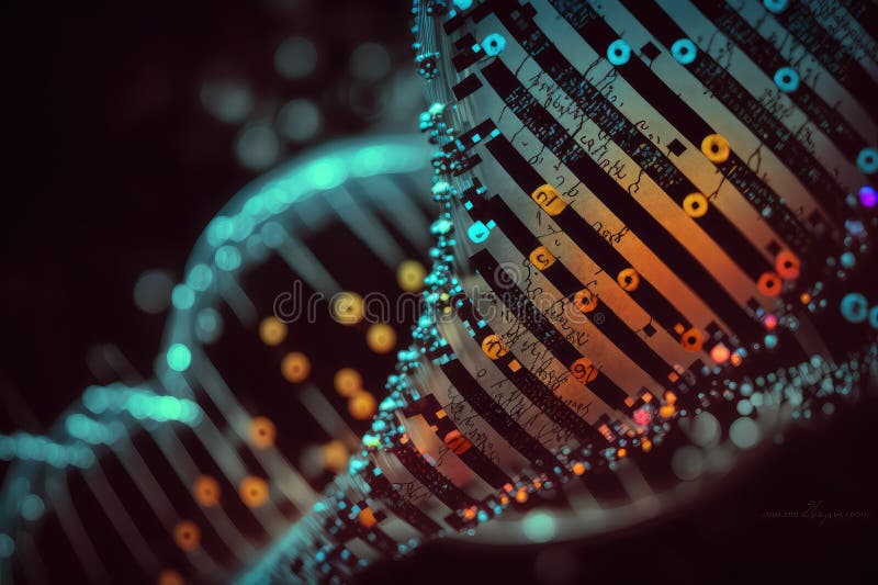Close-up of a dna strand, with genetic programming code visible vector illustration
