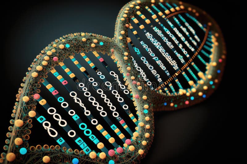 Close-up of a dna strand, with genetic programming code visible stock illustration