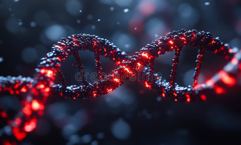 A close up of a DNA strand with red glowing beads stock images