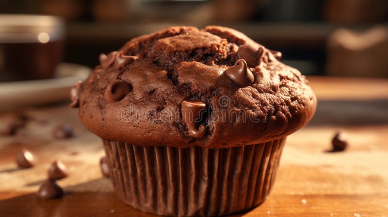A close-up of a double chocolate chip muffin with a soft, moist center in royalty free stock image