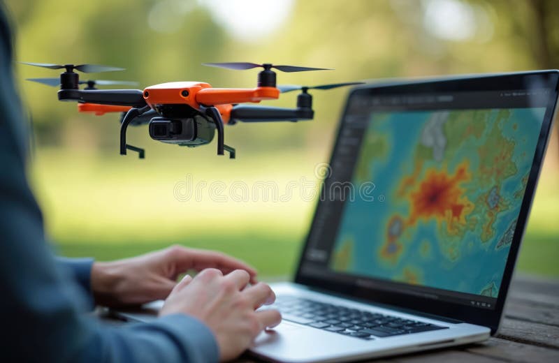 Close-up of drone programming on laptop. Environmental monitoring with mapping software on screen. Person programs orange drone vector illustration