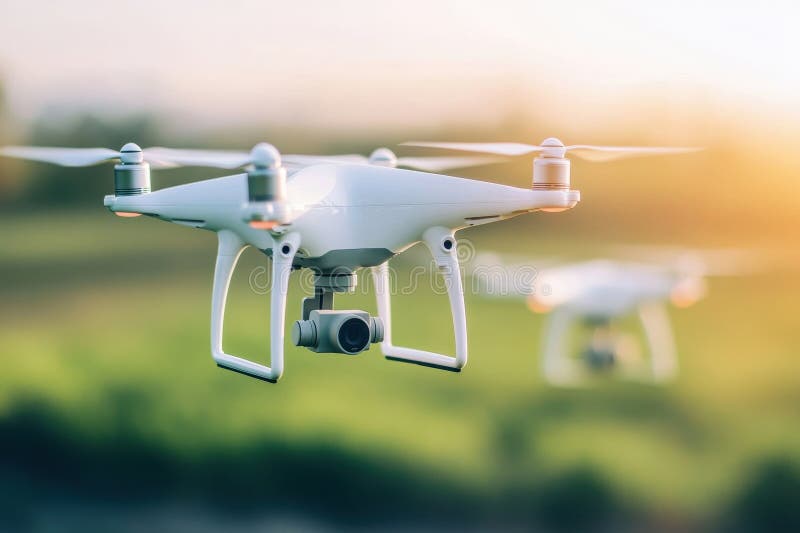 Close-Up of Drones Flying Over Green Fields During Golden Hour. stock images