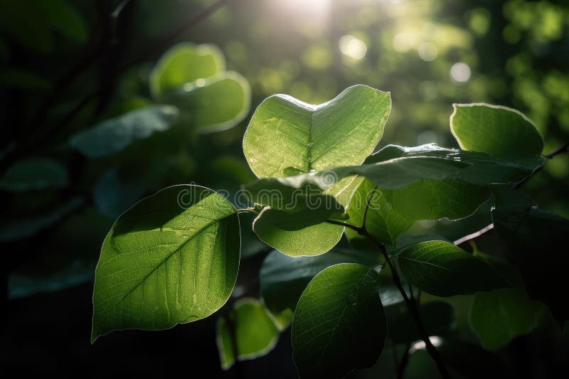 Closeup of Drooping Green Leaves, with Sunlight Filtering through
