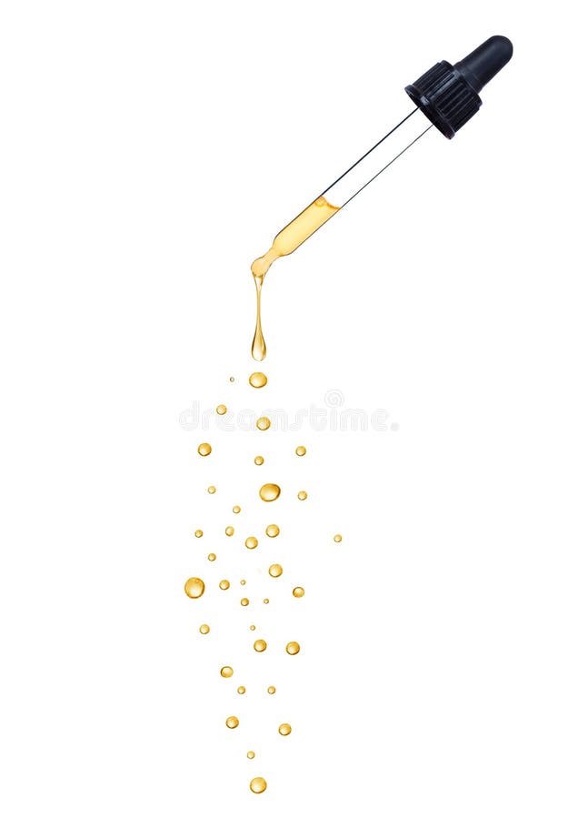 Close-up of dropper with falling drops isolated on white