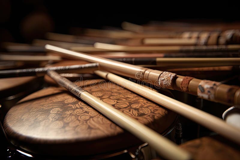Closeup of Drumsticks Hitting the Drums, with a Variety of Different