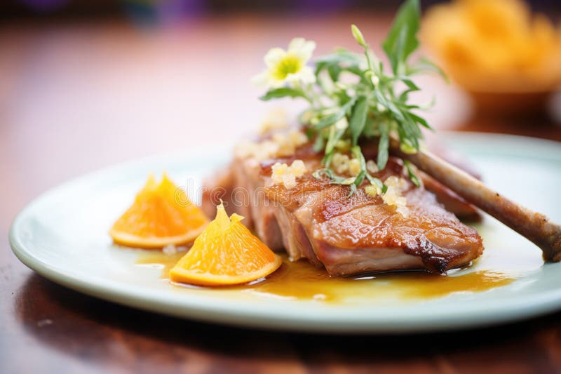 Closeup of Duck Skin with Caramelized Orange Sauce Stock Photo Image