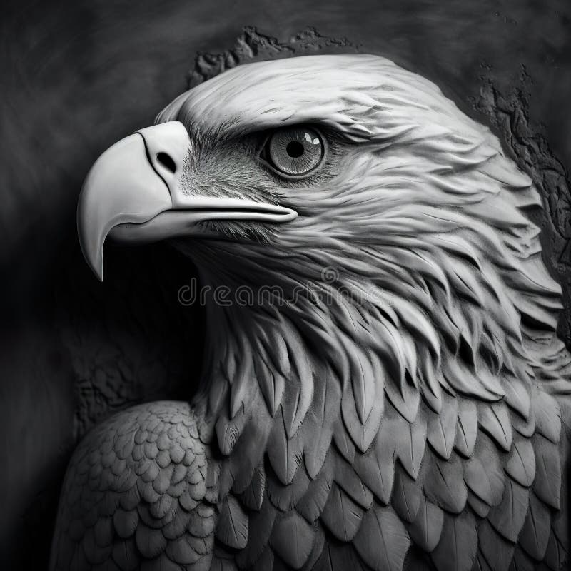Close up eagle sculpted in low relief in shades of gray.