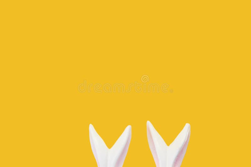 Close up. Easter concept. White porcelain rabbit ears isolated on hot yellow background. Copy space stock photos Close up. Easter concept. White porcelain rabbit ears isolated on hot yellow background. Copy space stock photos