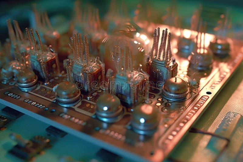 Close-up of electronic brain implants on a circuit board royalty free illustration