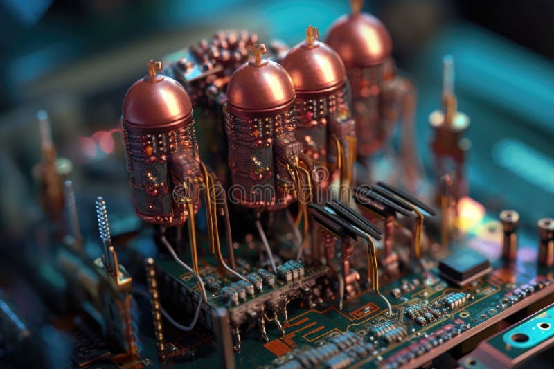 Close-up of electronic brain implants on a circuit board royalty free illustration