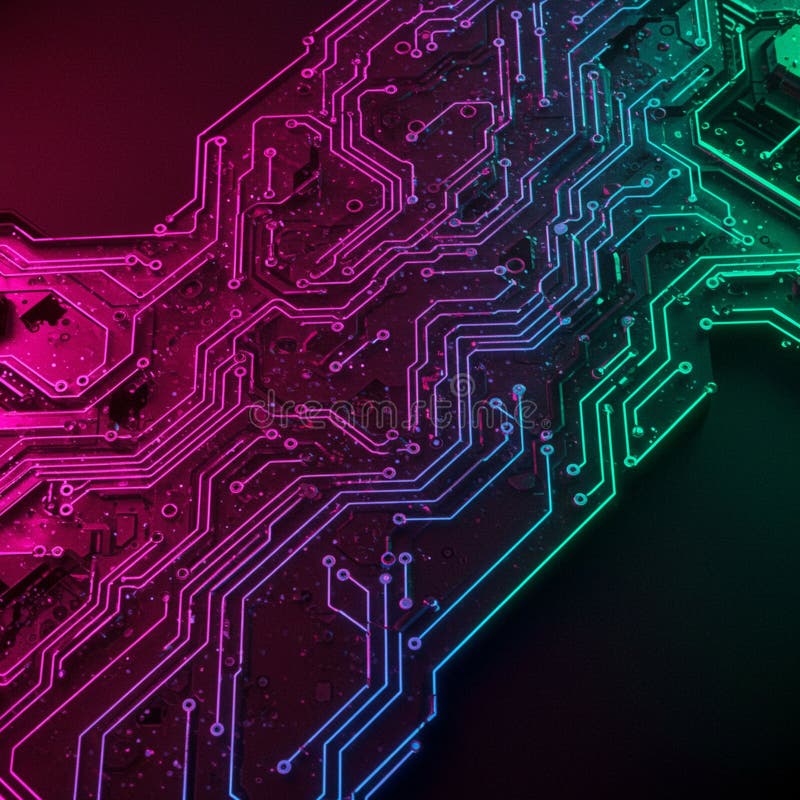 A close-up of an electronic circuit board with illuminated pathways. The board stock illustration