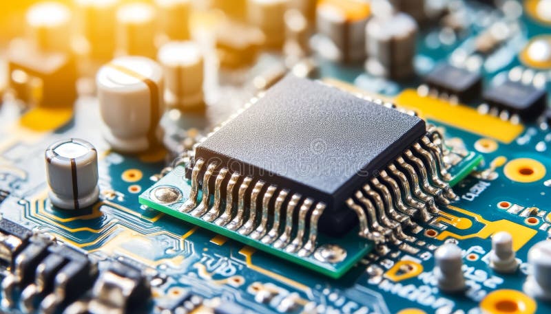 Close Up Electronic Circuit Board With Processor, Technology Background On A Dark Blue Color. vector illustration