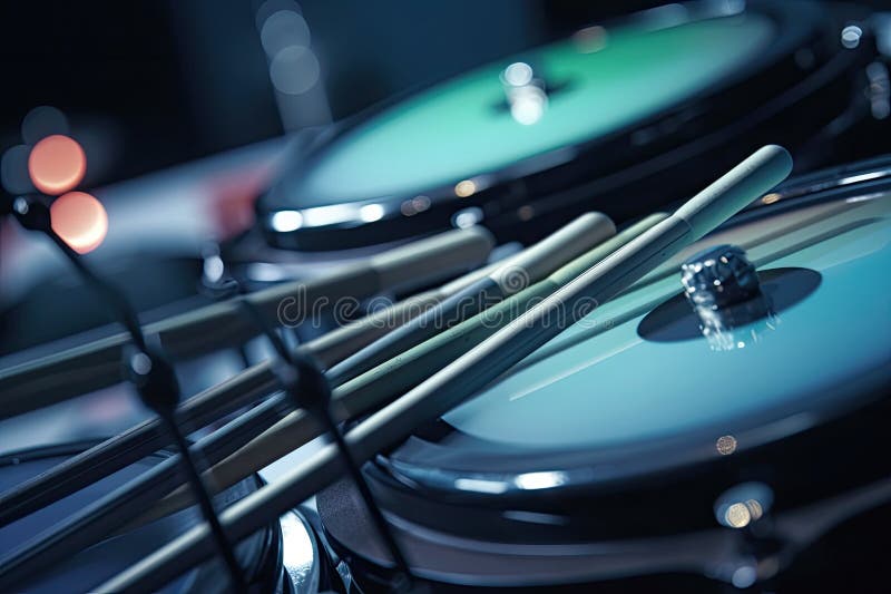 Close-up of electronic drumsticks and drums in action, with a flurry of beats and rhythms royalty free illustration