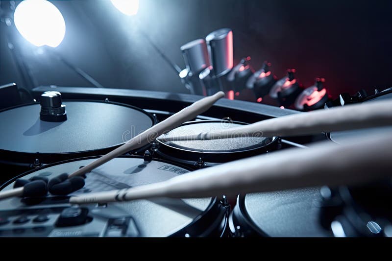 Close-up of electronic drumsticks and drums in action, with a flurry of beats and rhythms vector illustration