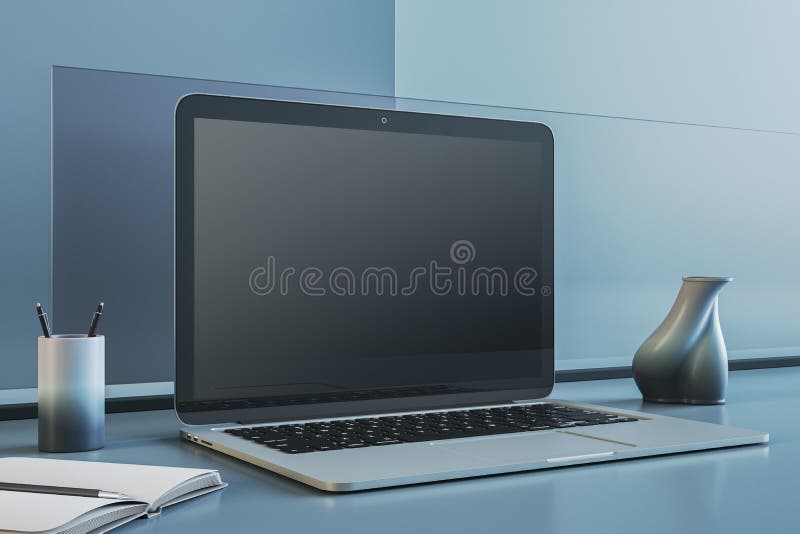Close up of empty laptop screen on blue office desktop with supplies and mock up place. Workspace concept. 3D Rendering