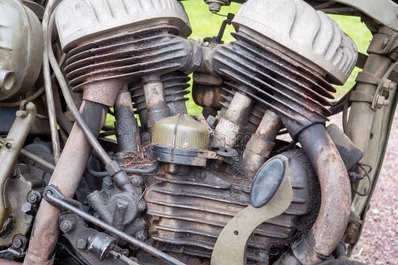 Close up of the engine of an old motorcycle royalty free stock photo