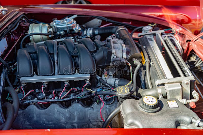 Close-up of the engine of a 50's ford tanderbird retro car. Old thunderbird stock images, royalty-free photos and pictures