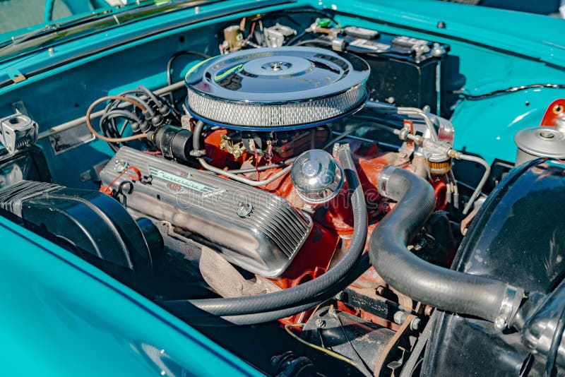 Close-up of the engine of a 50's ford tanderbird retro car. Old thunderbird stock images, royalty-free photos and pictures