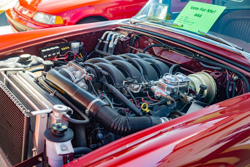 Close-up of the engine of a 50's ford tanderbird retro car. Old thunderbird stock images, royalty-free photos and pictures