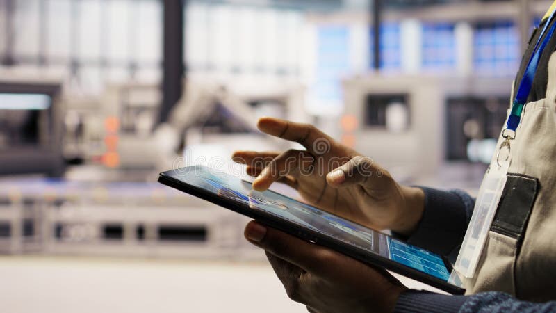 Close up of engineer using tablet to design solar panels factory layouts stock image