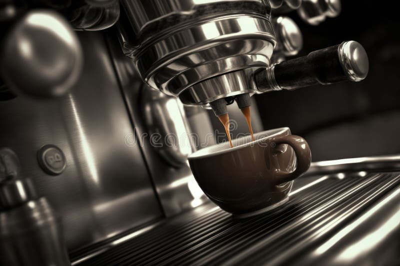 Closeup of Espresso Pouring from Coffee Machine. Professional Coffee Brewing Stock Illustration