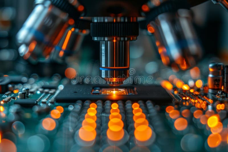 Close up examination of microchip transistor samples under microscope for microprocessor production royalty free illustration