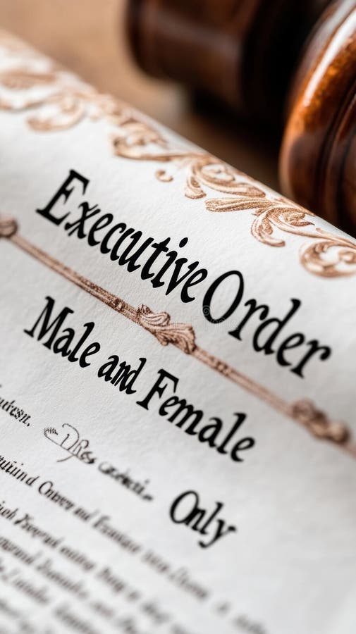 Close-up of executive order document with text \'male and female only\' and gavel stock illustration