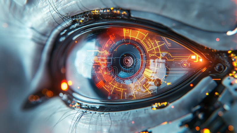 A close-up of the eye of a robot, an android, an AI is shown. royalty free illustration