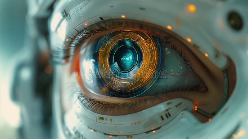 A close-up of the eye of a robot, an android, an AI is shown. stock illustration