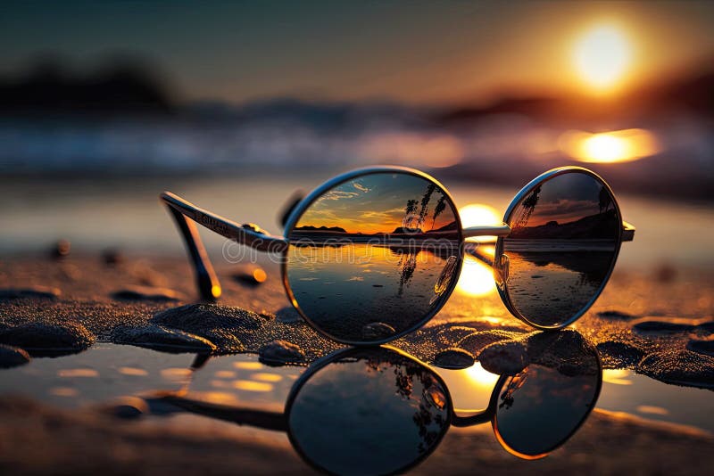 Closeup of Eyeglasses, with Reflection of the Sun Visible on the