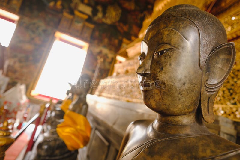 Close Up Face on Buddha Head Statue with Lighting Effect. Stock Photo ...