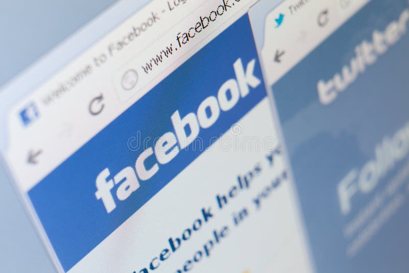 Close up of facebook and twitter pages screenshot stock images