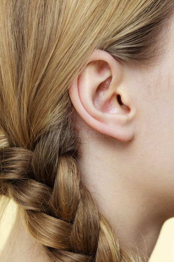 Close up on female ear and braid hair