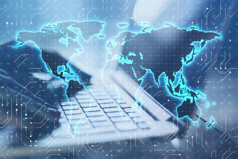Close up of female hands using laptop computer on desktop with glowing binary code map hologram on blurry background. Software and royalty free stock photo