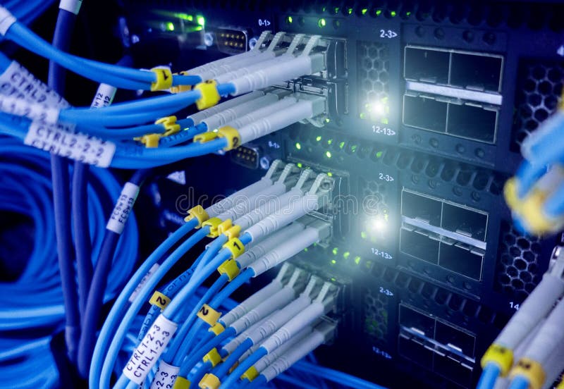 Close up fiber optic cable. Servers racks royalty free stock image