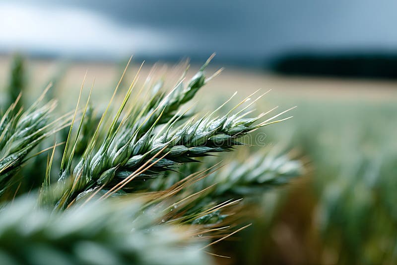 A close up of a field of green grass with a cloudy sky in the background stock photo