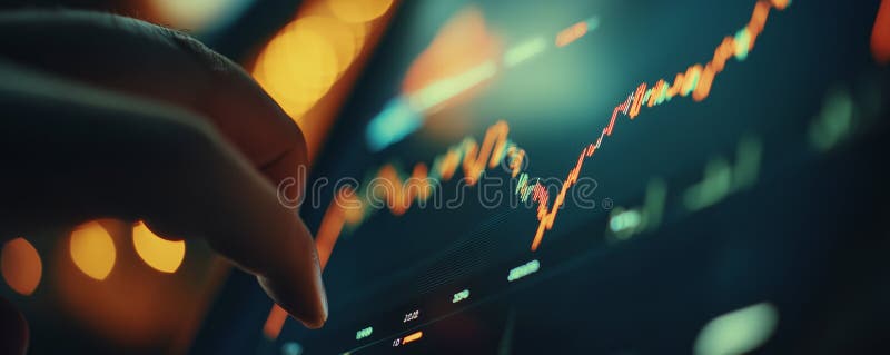 Close up of financial advisors hand analyzing stock market data on a touchscreen display in a modern office setting royalty free stock photography