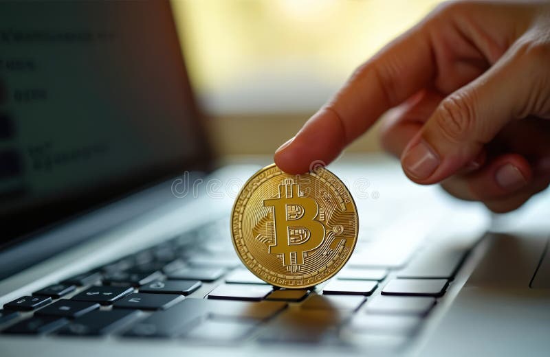 Close-up of finger pointing at bitcoin over laptop keyboard. Crypto currency golden coin on computer shows modern financial stock images
