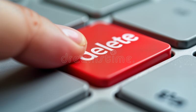 Close up of finger poised to press large red DELETE key on gray keyboard. Action data removal erasure in digital interactions. royalty free illustration