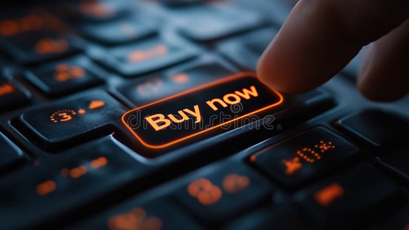 Close up of finger pressing glowing buy now button on keyboard vector illustration