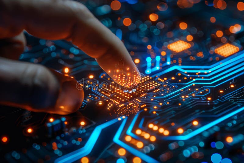 Close-up of finger touching glowing chip on circuit board, representing technology and innovation stock images