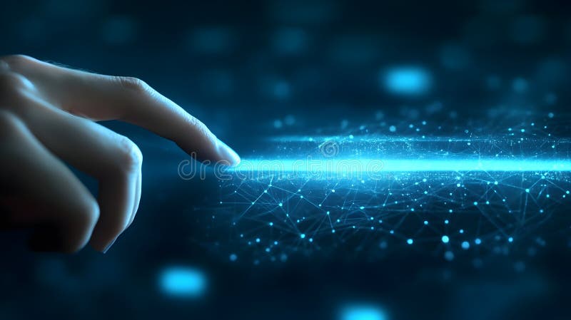 A close-up of a finger touching a glowing, futuristic interface, emitting a blue light. stock photos