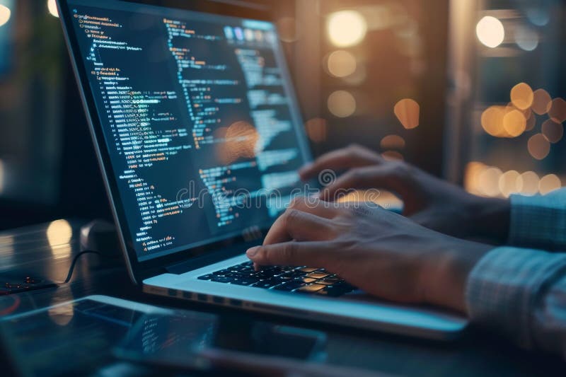 Closeup of a fintech developer coding blockchain solutions for financial services on a laptop stock illustration