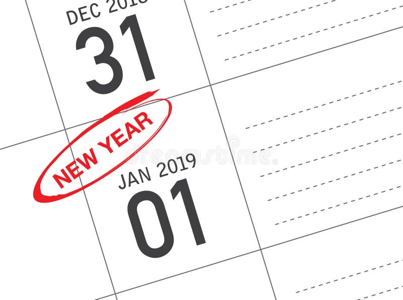 Close Up of First Day of the Year 2019 on Diary Calendar Stock Photo
